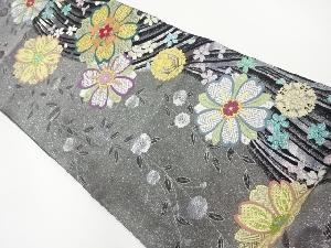 八重桜に曲線・草花模様織出し全通袋帯